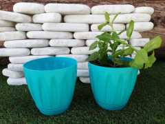Renkli Saksı 0,7 LT 3 Adet Turkuaz Renk Papatya Model Plastik Tabaklı Çiçek Saksısı