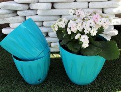 Renkli Saksı 0,7 LT 2 Adet Turkuaz Renk Papatya Model Plastik Tabaklı Çiçek Saksısı