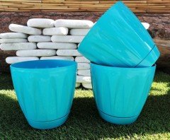 Renkli Saksı 0,7 LT 2 Adet Turkuaz Renk Papatya Model Plastik Tabaklı Çiçek Saksısı