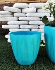 Renkli Saksı 0,7 LT 2 Adet Turkuaz Renk Papatya Model Plastik Tabaklı Çiçek Saksısı