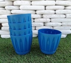 Renkli Saksı 0,7 LT 2 Adet Mavi Renk Papatya Model Plastik Tabaklı Çiçek Saksısı