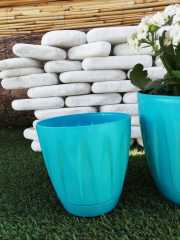 Renkli Saksı 1,5 LT 1 Adet Turkuaz Renk Papatya Model Plastik Tabaklı Çiçek Saksısı