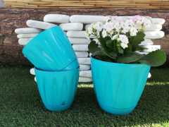 Renkli Saksı 1,5 LT 2 Adet Turkuaz Renk Papatya Model Plastik Tabaklı Çiçek Saksısı