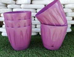 Renkli Saksı 1,5 LT 3 Adet Mor Renk Papatya Model Plastik Tabaklı Çiçek Saksısı