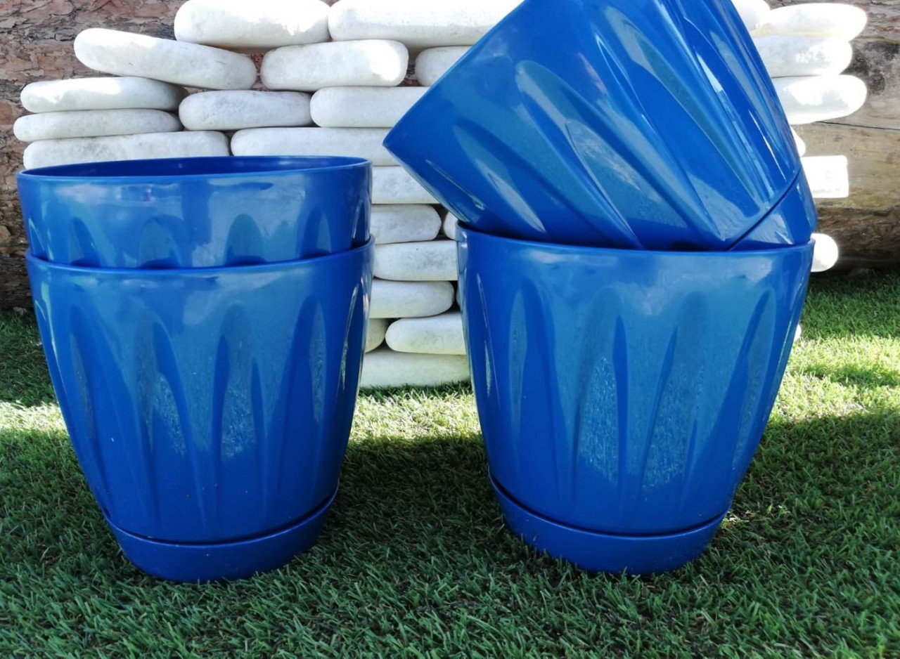 Renkli Saksı 3 LT 3 Adet Mavi Renk Papatya Model Plastik Tabaklı Çiçek Saksısı