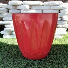 Renkli Saksı 3 LT 2 Adet Kırmızı Renk Papatya Model Plastik Tabaklı Çiçek Saksısı