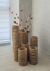 Hasır Örgü Vazo 25 cm Yapay Çiçek Vazosu Dekoratif Saksı