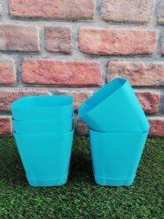 Renkli Saksı 0,8 LT 1 Adet Turkuaz Renk Safir Model Kare Saksı Tabaklı Saksı