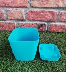 Renkli Saksı 0,8 LT 2 Adet Turkuaz Renk Safir Model Kare Saksı Tabaklı Saksı