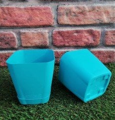 Renkli Saksı 0,8 LT 2 Adet Turkuaz Renk Safir Model Kare Saksı Tabaklı Saksı