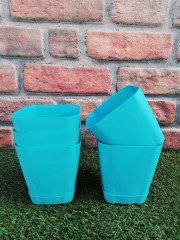 Renkli Saksı 0,8 LT 2 Adet Turkuaz Renk Safir Model Kare Saksı Tabaklı Saksı