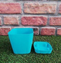 Renkli Saksı 0,8 LT 2 Adet Turkuaz Renk Safir Model Kare Saksı Tabaklı Saksı