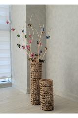 Hasır Örgü Vazo 2 li Set 50 cm ve 70 cm Yapay Çiçek Vazosu Dekoratif Saksı