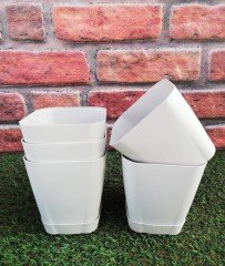 Renkli Saksı 0,8 LT 3  Adet Krem Renk Safir Model Kare Saksı Tabaklı Saksı