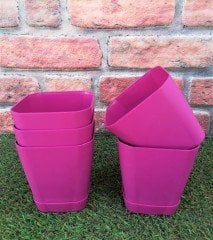 Renkli Saksı 0,8 LT 3  Adet Vişne Renk Safir Model Kare Saksı Tabaklı Saksı