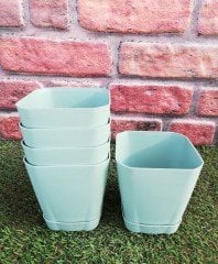 Renkli Saksı 0,8 LT 3 Adet Mint Yeşili Renk Safir Model Kare Saksı Tabaklı Saksı