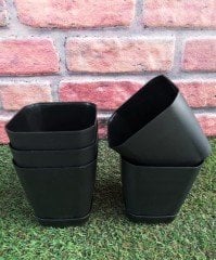 Renkli Saksı 0,8 LT 2 Adet Siyah Renk Safir Model Kare Saksı Tabaklı Saksı