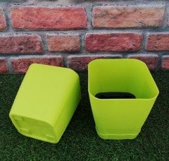 Renkli Saksı 1,8 LT 2 Adet Fıstık yeşili Renk Safir Model Kare Saksı Tabaklı Saksı