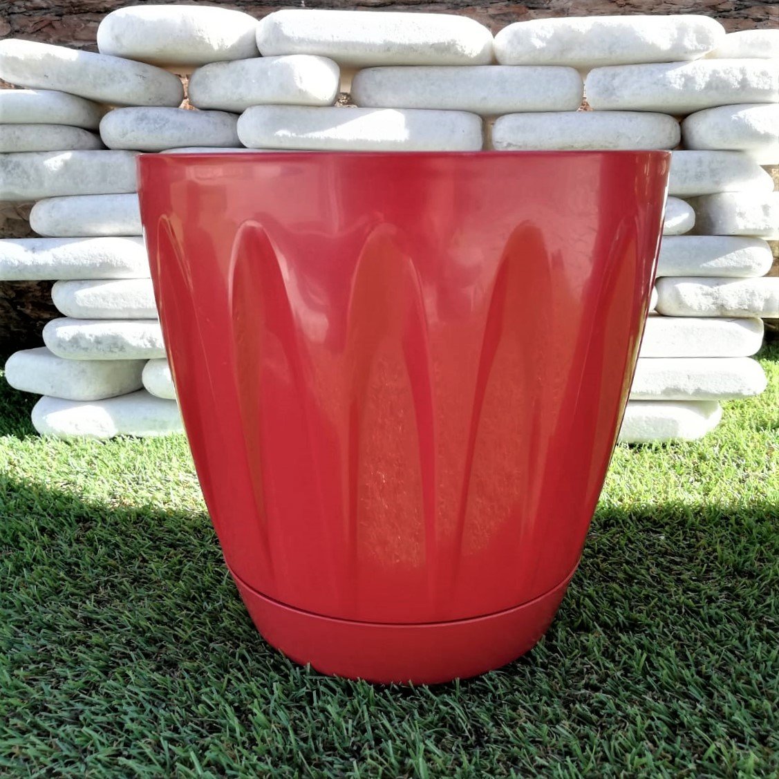 Renkli Saksı 6 LT 2 Adet Kırmızı Renk Papatya Model Plastik Tabaklı Çiçek Saksısı