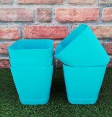 Renkli Saksı 1,8 LT 1 Adet Turkuaz Renk Safir Model Kare Saksı Tabaklı Saksı