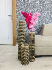 Hasır Örgü Vazo 3 lü Set 30 cm 50 cm 70 cm Çiçeklik Yapay Çiçek Vazosu Dekoratif Saksı