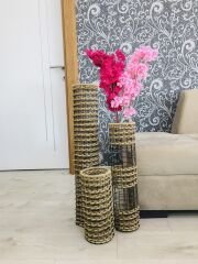 Hasır Örgü Vazo 3 lü Set 30 cm 50 cm 70 cm Çiçeklik Yapay Çiçek Vazosu Dekoratif Saksı