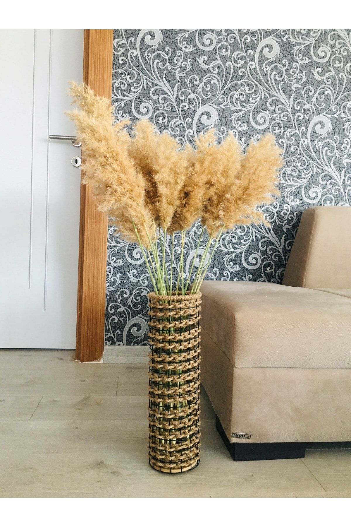 Hasır Örgü Vazo 50 Cm Ters Örgülü Tasarım Vazo Çiçeklik Yapay Çiçek Vazosu Dekoratif Saksı
