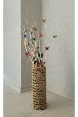 2 Li Set 50 Cm Vazo + 6 Adet Kelebekli Dal Kuru Dal Dekoratif Vazo Süsü Yapay Çiçek Burgulu Dal