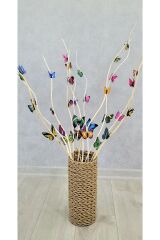 2 Li Set 50 Cm Vazo + 6 Adet Kelebekli Dal Kuru Dal Dekoratif Vazo Süsü Yapay Çiçek Burgulu Dal