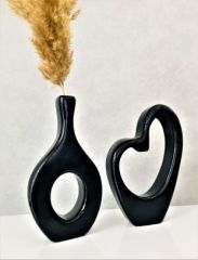 Vazo 2'li Set 25 cm ve 17 cm Siyah Renk Dekoratif Vazo Seramik Biblo Yapay Çiçek Vazosu Obje